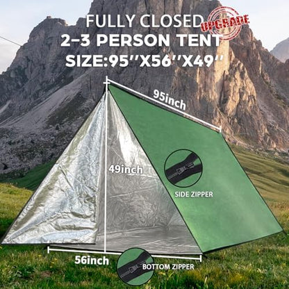 LYN Extra Large Zipper Reusable Survival Emergency Shelter Tent,Thermal Waterproof Fireproof Lightweight Bugout, with Paracord✚Stake for Camping,First Aid,Hiking&Bushcraft