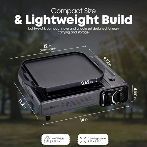 GasOne GS-1000G-KIT Butane Gas Stove with Flat Top Griddle Included – Butane Grill Tent Stove Burners for Cooking for Camping, Kitchen – Diecast Aluminum with Non Stick Coating