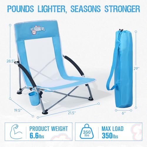 Old Bahama Bay 2 Pack Low Beach Chair - Heavy Duty 350lbs Capacity, Lightweight Folding Sand Chair with Breathable Mesh, Cup Holder & Carry Bag - Portable Low Profile Chair for Beach, Camping