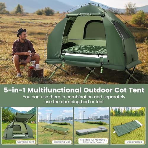 Goplus Camping Tent Cot, 5-in-1 Folding Camping Bed with Air Mattress, Pillow, Sleeping Bag, Waterproof Elevated Tent Shelter, Portable Outdoor Sleeping Cot with Carry Bag for Picnic, Trip