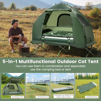 Goplus Camping Tent Cot, 5-in-1 Folding Camping Bed with Air Mattress, Pillow, Sleeping Bag, Waterproof Elevated Tent Shelter, Portable Outdoor Sleeping Cot with Carry Bag for Picnic, Trip