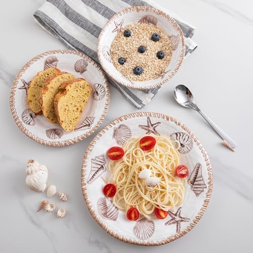 Rustic Farmhouse Melamine Dinnerware Sets, 12 Piece Oceanic Theme Plates and Bowls Set for Patio, Vintage Coastal Dishes Dinnerware Set of 4, Great for Camper, RV, Antique Tan Brown