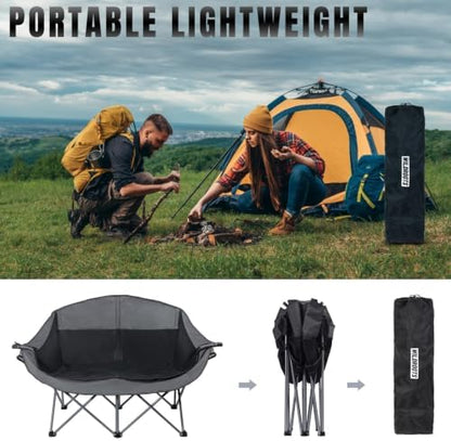 Double Camping Chair Heavy Duty 600LBS 2 Person Loveseat w 2 Cup Holders