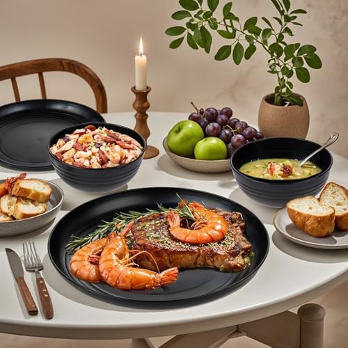 Supernal 24pc Black Wheat Straw Dinnerware Set, Unbreakable Dish Set for 6