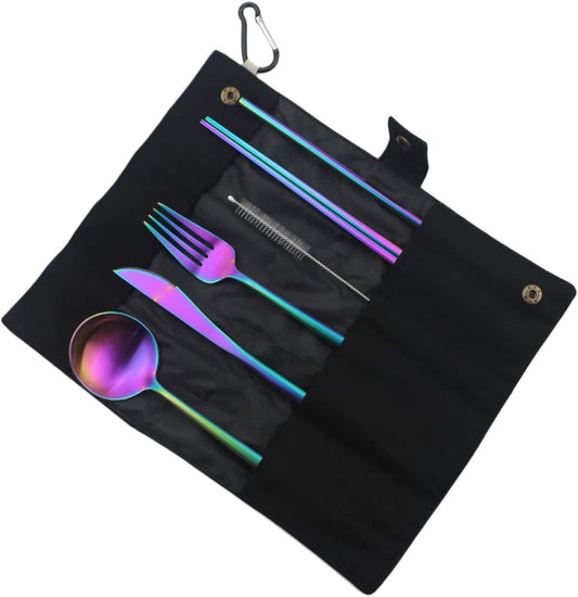 Gugrida Luxury Rainbow Matte Portable 18/10 Stainless Steel Travel Flatware Sets of 7 Portable Camping Cutlery Set, Healthy & Eco-Friendly Flatware Set with Carrying Case for Travel or Camping