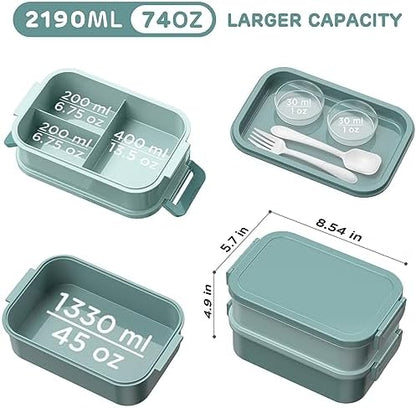 DaCool 2 Pack Adults Lunchbox Bento Box 74 OZ Stackable Lunch Box for Kids Adults Men Women Teens Leakproof Bento Large Lunch Box Container with Fork Spoon Sauce Box for School Work,Grey,Morandi-Green