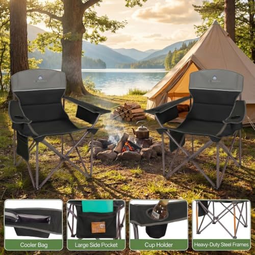 Oversized Camping Chairs 2 Pack - Heavy Duty 400LBS Padded Lawn Chair with Cooler Bag,Cup Holder,Side Pocket,Collapsible for Outdoor,Camp,Fishing & Garden,Black