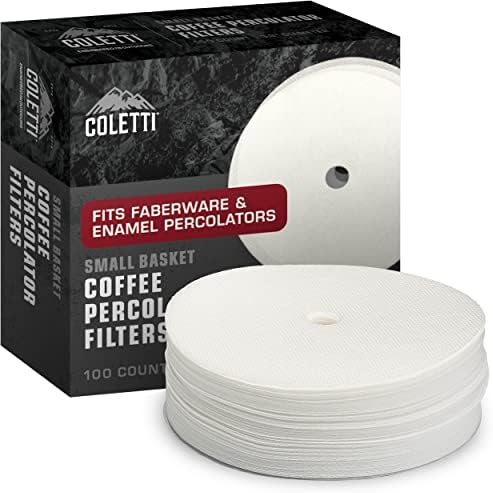 COLETTI Percolator Coffee Filters — Disc Coffee Filters For Percolators – For Classic Enamel Percolator Coffee Pots – Perfectly Tasteless, Mesh Filter [100 pack, Synthetic, 3.3” Small Basket]