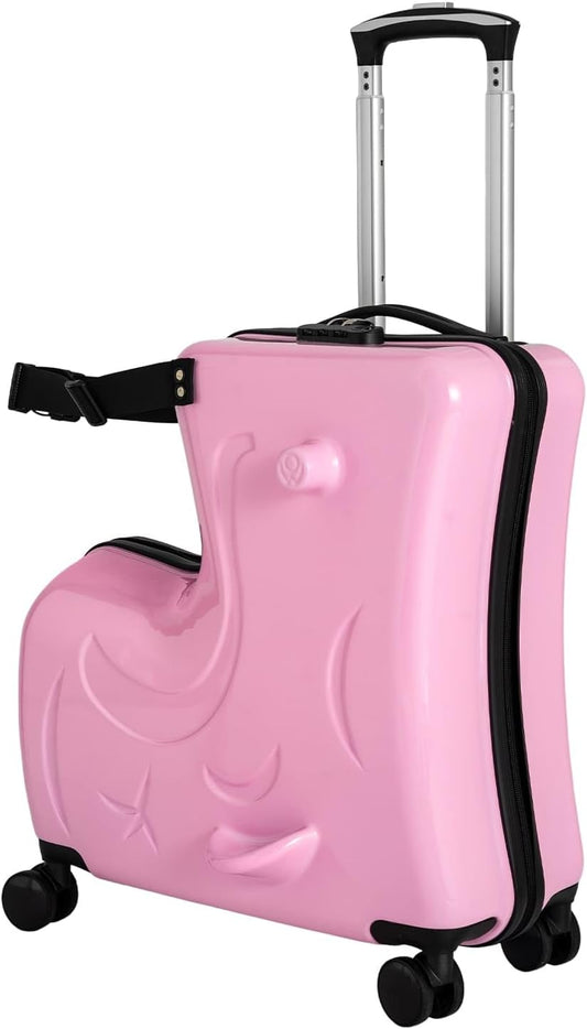 20 Inch Children's Ride On Trolley, Toddler Luggage Seat Ride with Lock, Kid's Ride-on Travel Suitcase with Spinner Wheels, Kids Travel Trolley Riding Luggage Suitcase for Boys Girls Gift, Pink