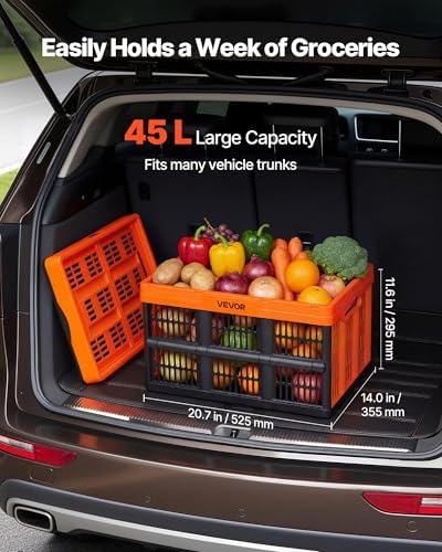VEVOR Plastic Collapsible Storage Bins, 45L 6 Packs, Stackable Folding Storage Crates with Handles, Holds 33 lbs Per Bin, Foldable Heavy Duty Containers, Space-Saving Baskets, for Home Organizing