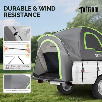 TUFFIOM 5.5-6ft Pickup Truck Tent for Camping, Truck Bed Tent with Reinforcement Fiberglass Poles, PU2000mm Waterproof and Rainfly for 2 People, Easy Set Up, Good Ventilation, Green