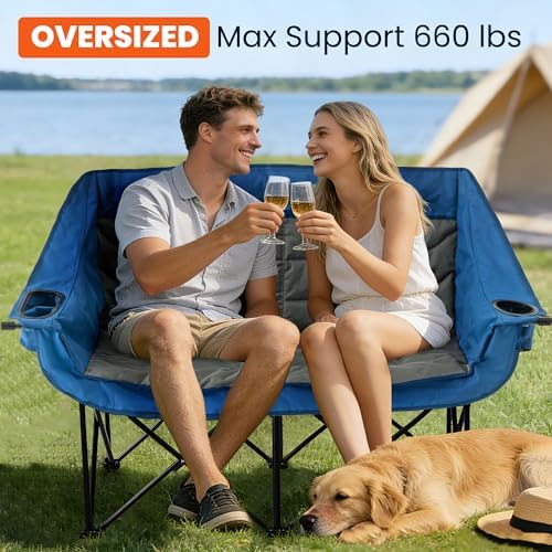 Asrug Padded Double Camping Chair 2 Person Folding Camping Chair Loveseat with Cup Holders and Side Pockets Heavy Duty Camping Couch for Outdoor Beach Fishing Garden 650lbs Support (Blue & Dark Gray)
