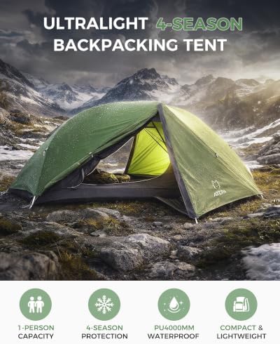 ATEPA Voyage 1-2 Backpacking Tent, Ultralight 20D SilNylon 4 Season Camping Tent, 4000mm Waterproof Freestanding Tent with Expandable Vestibule for Hiking, Bikepacking & Mountaineering