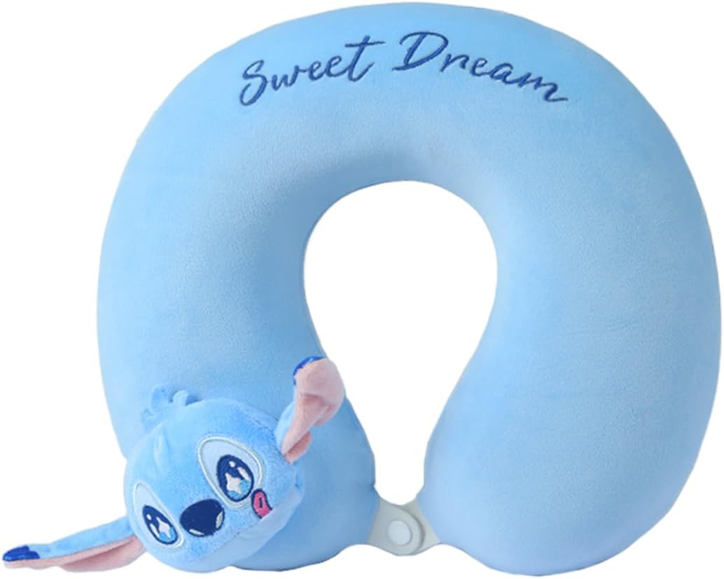MINISO Disney Stitch Travel Pillow 100% Pure Memory Foam Neck Pillow, Airplane Pillow for Traveling Car Home Office Washable Cover