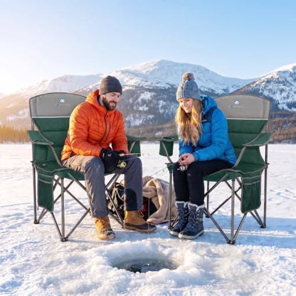 Heated Camping Chairs 2 Pack - Heavy Duty 400LBS Padded Lawn Chair with Cup Holder,Side Pocket,Collapsible for Outdoor,Camp,Fishing & Garden,Dark Green,Battery NOT Included