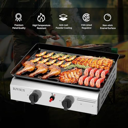 ROVSUN 2 Burner Portable Propane Griddle with Nonstick Enameled Tray, 20,000 BTU Tabletop Flat Top Gas Grill with Electronic Ignition & Regulator for Outdoor Cooking Camping BBQ Tailgating Picnicking