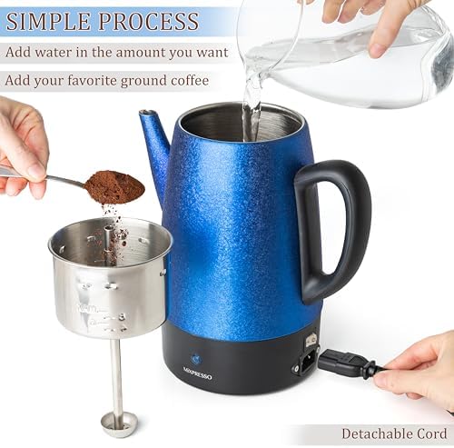 Mixpresso 10 Cup Shiny Blue Electric Percolator Coffee Pot, Stainless Steel