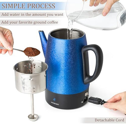Mixpresso 10 Cup Shiny Blue Electric Percolator Coffee Pot, Stainless Steel