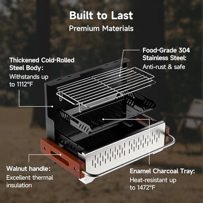 Portable BBQ Charcoal Grill, No Assembly Hibachi Grill for Camping