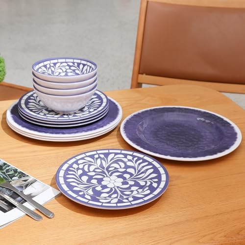 Melamine Dinnerware Set,12pcs Plates and Bowls Set - Blue-Purple