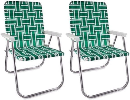 Lawn Chair USA - Outdoor Chairs for Camping. Made with Lightweight Aluminum Frames and UV-Resistant Webbing. Folds for Easy Storage 2- Pack (Green and White Stripes with White Arms, Classic)