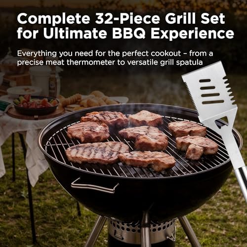 Kaluns 32 Psc Grilling Accessories, Dad Gifts for Fathers Day, Heavy Duty Stainless Steel Grill Set BBQ Grill Accessories for Outdoor Grill with Aluminum Case and Apron, Best Gifts for Men