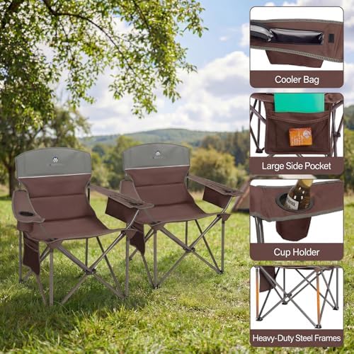 Oversized Camping Chairs 2 Pack - Heavy Duty 400LBS Padded Lawn Chair with Cooler Bag,Cup Holder,Side Pocket,Collapsible for Outdoor,Camp,Fishing & Garden,Maroon