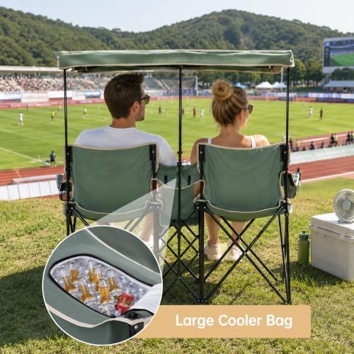 Double Beach Chair with Canopy Shade Oversized Camping Chairs with Canopy, Cooler Bag & Cup Holder Folding Loveseat for Camp Fishing Beach
