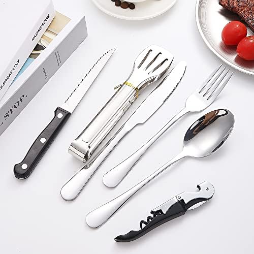 Camping Silverware Silver Picnic Plates and Utensils Set for 4 Portable Tableware Stainless Steel Dinnerware 20 Pieces With Organizer Bag Reusable Durable