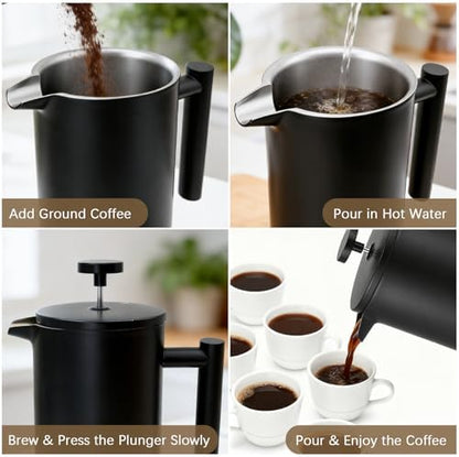 French Press Coffee Maker, 304 Grade Stainless Steel French Press with 2 Extra Filters for Home, Office, Travel, Camping - 34OZ/2 Litre (Black)