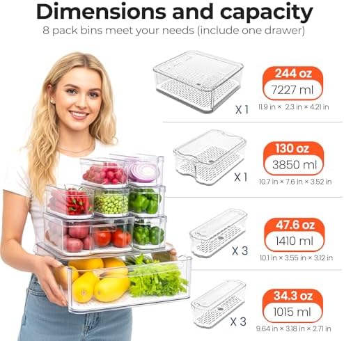 SMRCAD Clear Fridge Bins with Drain Trays - BPA-Free PET, Stackable (8)