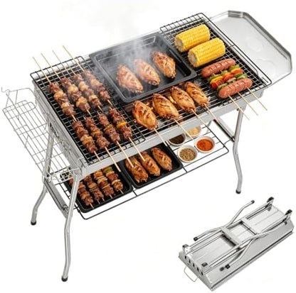 Portable Charcoal BBQ Grill, Foldable Smoker Tall Barbecue Grill Charcoal Outdoor Lightweight for Cooking Camping Hiking Picnics Tailgating Backpacking Garden Beach Party (39.3"L x 27.9"H)
