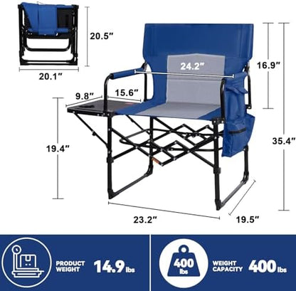 Romswi 2Pack Director Chairs for Outdoor, Folding Camping Chair, Compact Directors Chair Side Table and Side Bag, Heavy Duty Oversize Chair for Beach Fishing Picnic, Holds up to 400 lbs Blue