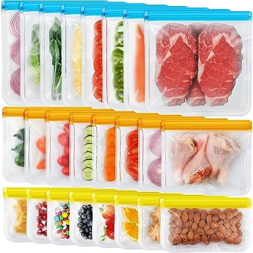 24 Pack Dishwasher Safe Reusable Silicone Bags - Leakproof Freezer Bags, BPA Free Food Storage for Lunch, Marinate, Travel - 8 Gallon, 8 Snack, 8 Sandwich Bags