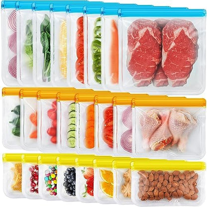 24 Pack Dishwasher Safe Reusable Silicone Bags - Leakproof Freezer Bags, BPA Free Food Storage for Lunch, Marinate, Travel - 8 Gallon, 8 Snack, 8 Sandwich Bags