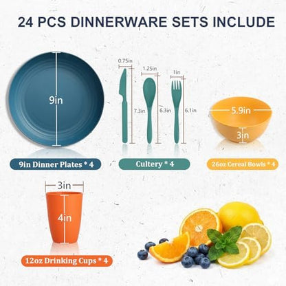 Plastic Dinnerware Sets for 4, Kitchen Plates and Bowls Set - Multi