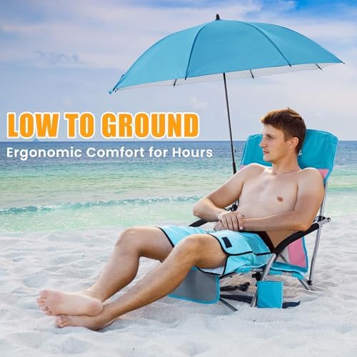 Lamberia Folding Beach Chair with Umbrella for Adults, Portable Low Beach Chairs with 300lbs Capacity, Lightweight Fodable Camping Chair for Travel, Picnic, Concert & Outdoor Activities, Blue-Pink