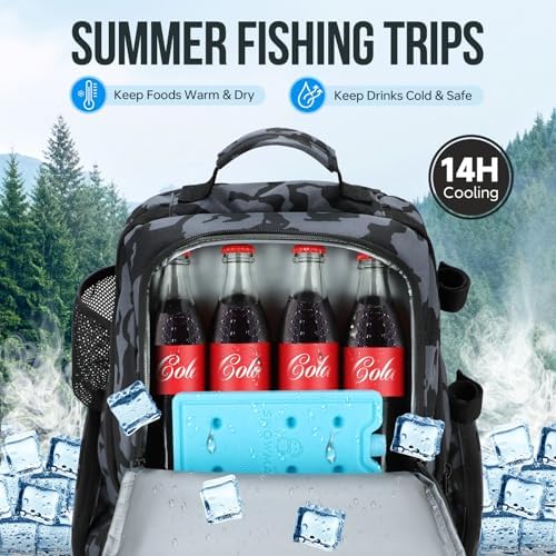 PLUSINNO Cooler Fishing Backpack with Rod Holders 45L Large Water-resistant Fishing Tackle bag Store Fishing Gear Fishing Gifts for Men Father