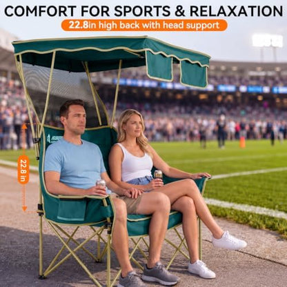 Huskfirm Double Camping Chair with Canopy Shade Folding Heavy Duty Green