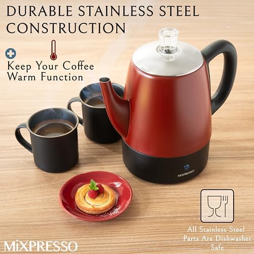 Mixpresso 4 Cup Red Small Electric Percolator Coffee Pot, Stainless Steel