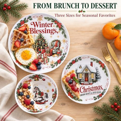 Vintage Christmas Dinnerware Set for 4, 12-Piece Melamine Dish Set