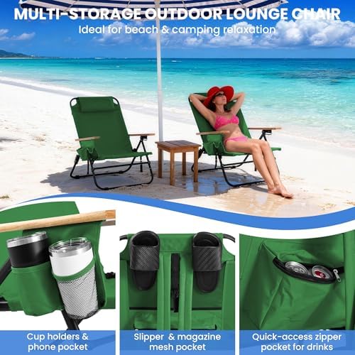 2 Pack Premium 5-Position Reclining Camping Chair - Portable Folding Lightweight Outdoor Chair with Wooden Armrests, Headrest & Pockets, 350lbs Heavy Duty for Beach, Patio, Backyard, Green