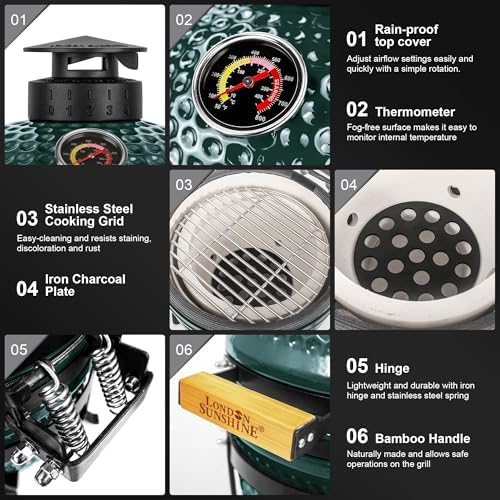 London Sunshine 13-Inch Ceramic Kamado Grill, Waterproof Vent Cap, Green