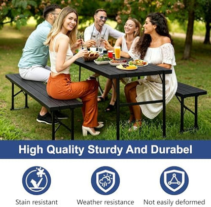 2pk Folding Table with 4 Benches Set for Camping, Picnic, Black