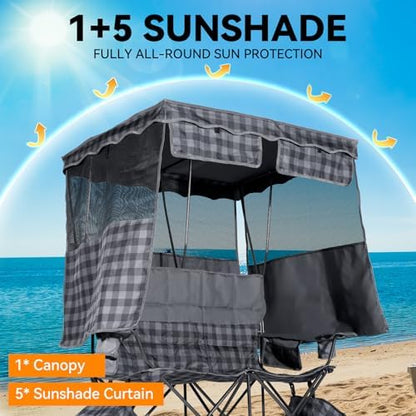 Padded Double Camping Chair With Canopy,Folding Chair Support 450LBS, Grey