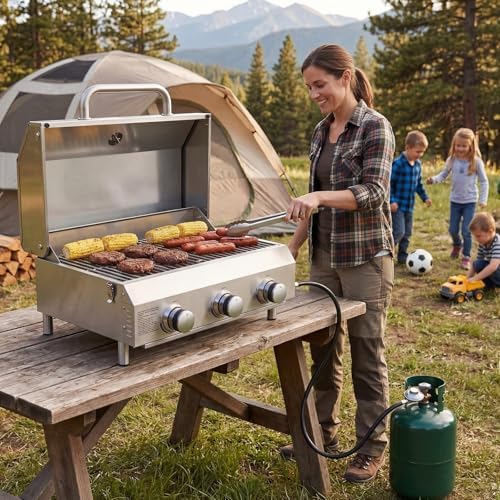 Bestfire 3-Burner Tabletop Gas Grill, 30,000 BTU Portable Propane Grill, Heavy-Duty Thickened Stainless Steel Grates & Knobs, Compact & Detachable Legs for Camping, RV&BBQ