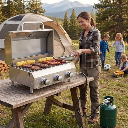 Bestfire 3-Burner Tabletop Gas Grill, 30,000 BTU Portable Propane Grill, Heavy-Duty Thickened Stainless Steel Grates & Knobs, Compact & Detachable Legs for Camping, RV&BBQ