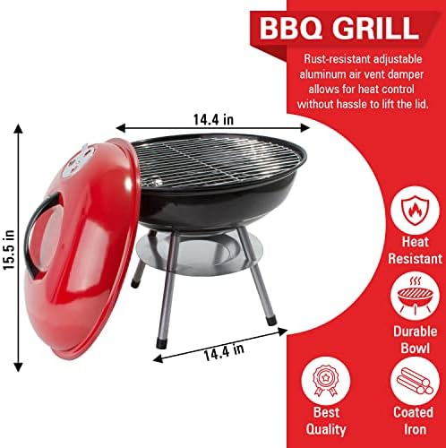 Alpine Cuisine Premium Portable BBQ Grill, 14 Inch, Heavy Duty Steel Outdoor Charcoal Grill for Camping, Tailgating, Patio & Backyard, Red
