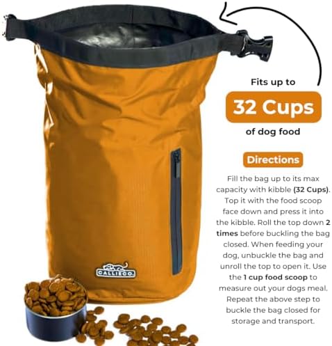Callieco Dog Food Travel Bag w/ 1 Cup Scoop and Zipper Side Pocket | Waterproof Kibble Storage Container for Home, Road Trips, Camping, Boarding and More (Orange, 32 Cups)