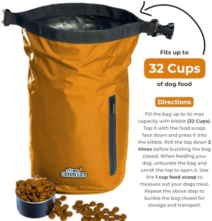 Callieco Dog Food Travel Bag w/ 1 Cup Scoop and Zipper Side Pocket | Waterproof Kibble Storage Container for Home, Road Trips, Camping, Boarding and More (Orange, 32 Cups)